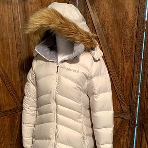 Marmot Down Parka with fur hood, like new.  MEDIUM